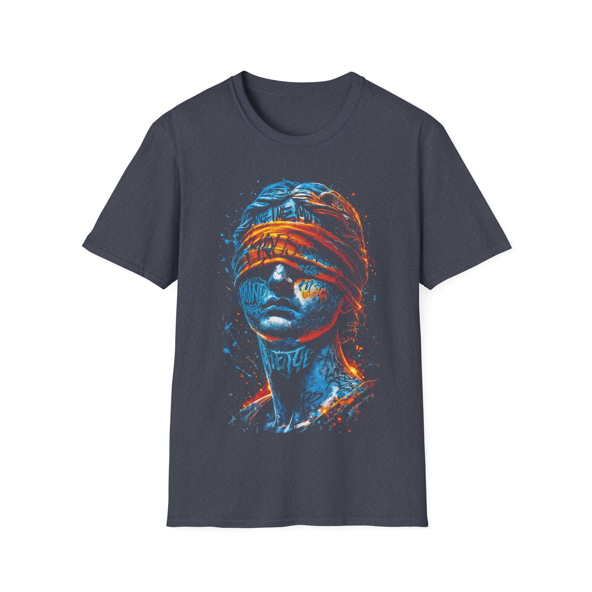 Blind Justice Statue T-Shirt — Neon Graffiti Law Advocate Tee