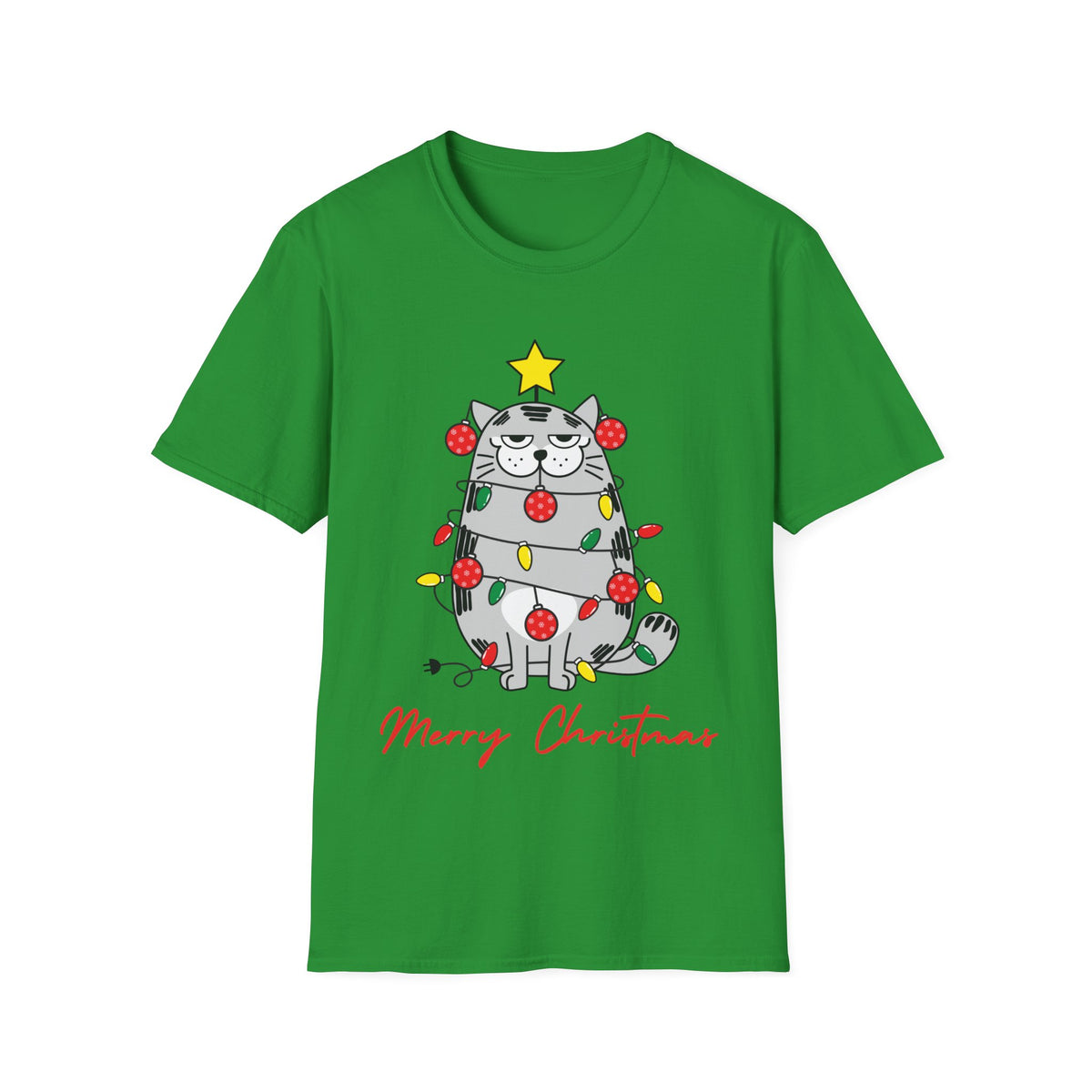 Christmas Cat T-Shirt — "Merry Christmas" Cute Holiday Cat with Lights