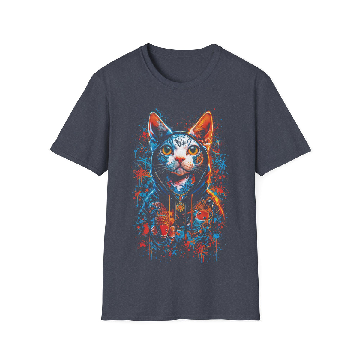 Neon Hoodie Cat T-Shirt – Vibrant Cyberpunk Cat Graphic Tee