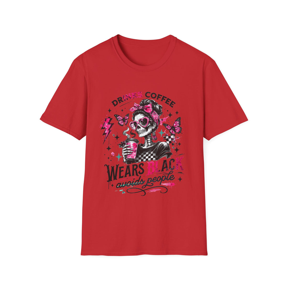 Drinks Coffee, Wears Black Tee — Gothic Skull Coffee Lover T-Shirt
