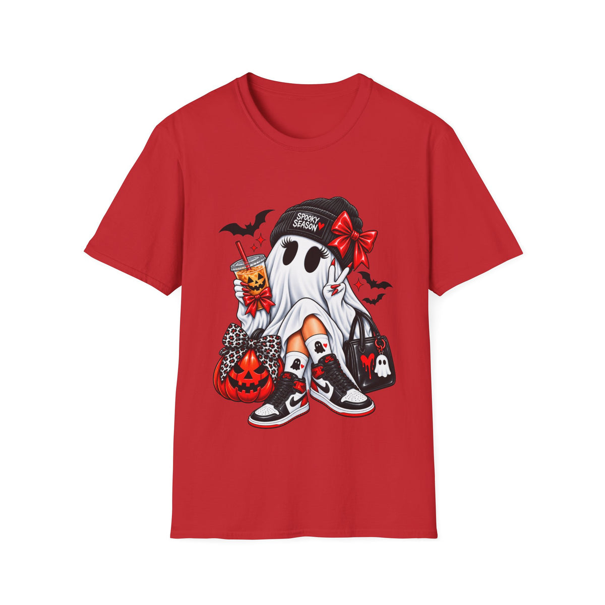 Gothic Ghost Halloween T-Shirt with Bats, Bows and Sneakers