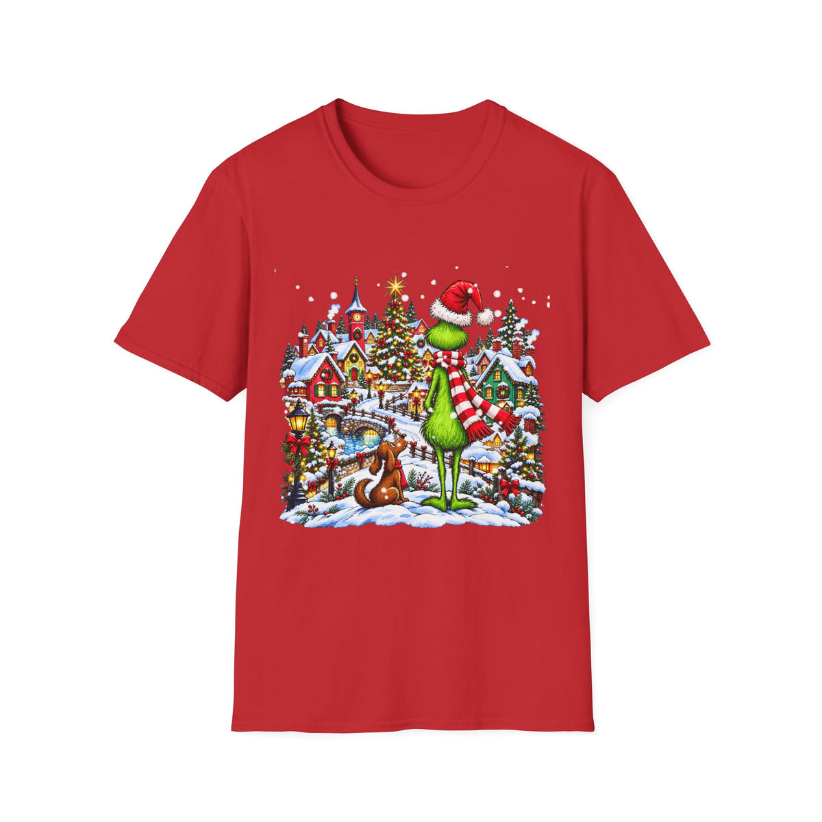 Grinch Christmas Village T‑Shirt – Funny Holiday Holiday Tee with Santa Hat Grinch and Dog