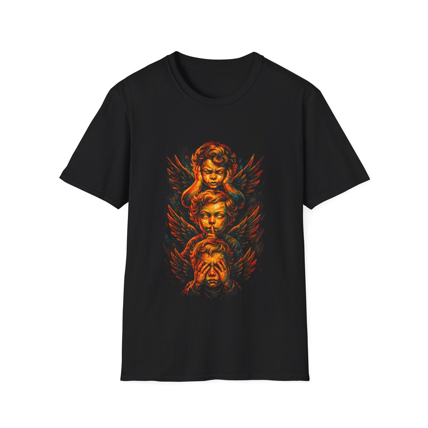 Cherubic Skull Trio T-Shirt — Gothic Angel Wings Vintage-Style Tee