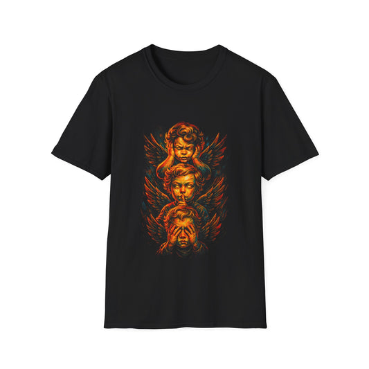 Cherubic Skull Trio T-Shirt — Gothic Angel Wings Vintage-Style Tee
