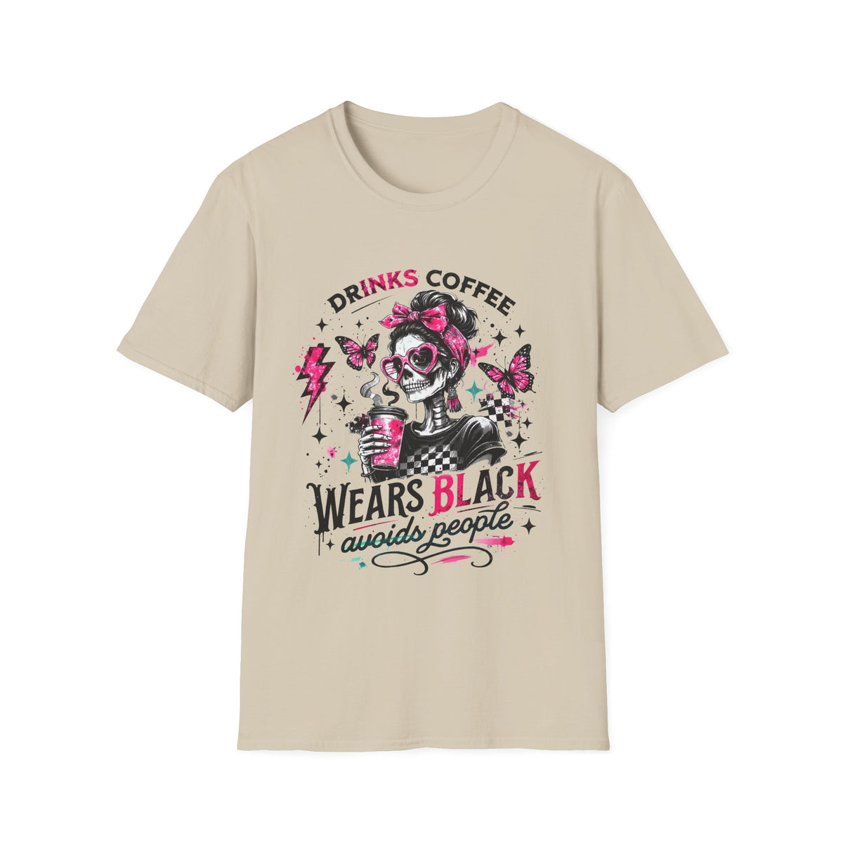 Drinks Coffee, Wears Black Tee — Gothic Skull Coffee Lover T-Shirt