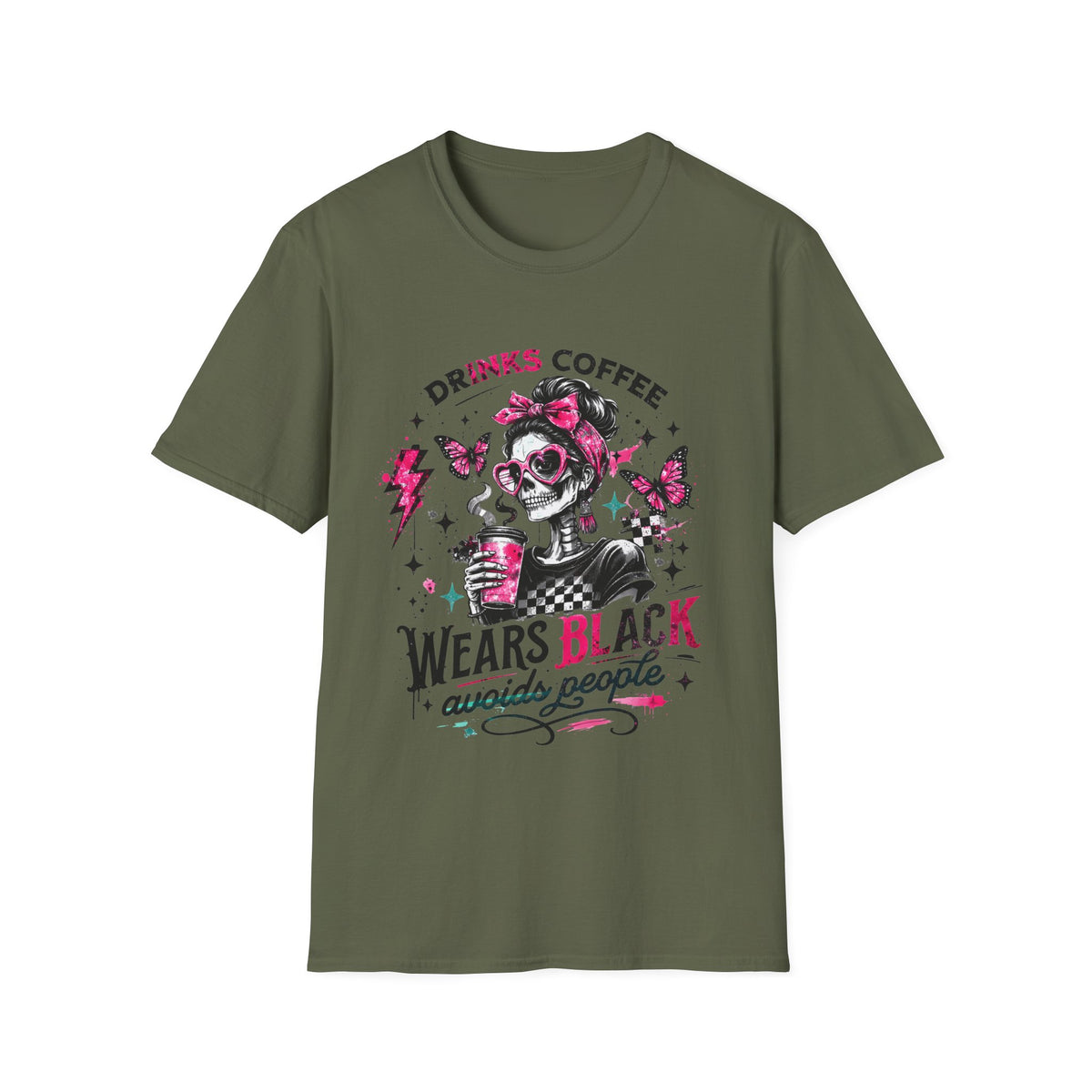Drinks Coffee, Wears Black Tee — Gothic Skull Coffee Lover T-Shirt