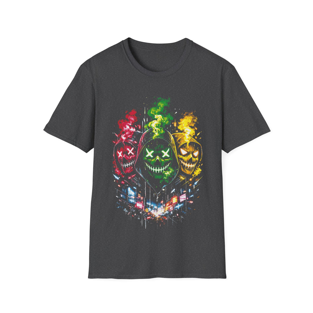 Skull Triptych Graphic T-Shirt — Neon Horror Mask Design
