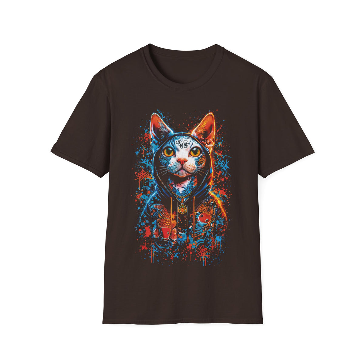 Neon Hoodie Cat T-Shirt – Vibrant Cyberpunk Cat Graphic Tee