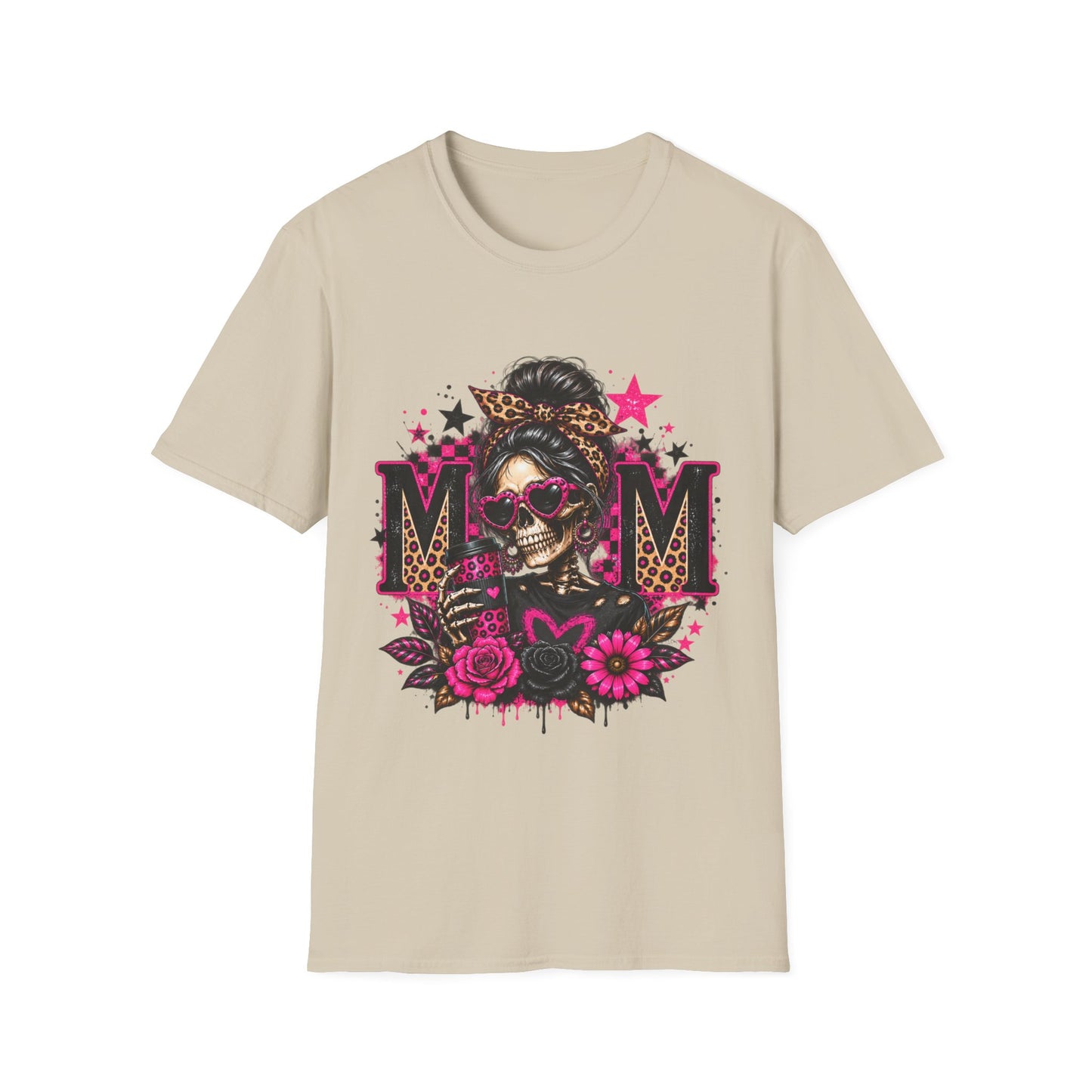 Mom Skull Graphic T-Shirt — Rockabilly Leopard Headband & Pink Floral Design