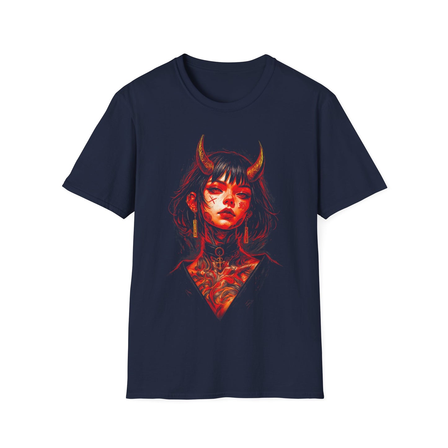 Demonic Girl Portrait T-Shirt — Gothic Horned Woman Art Tee