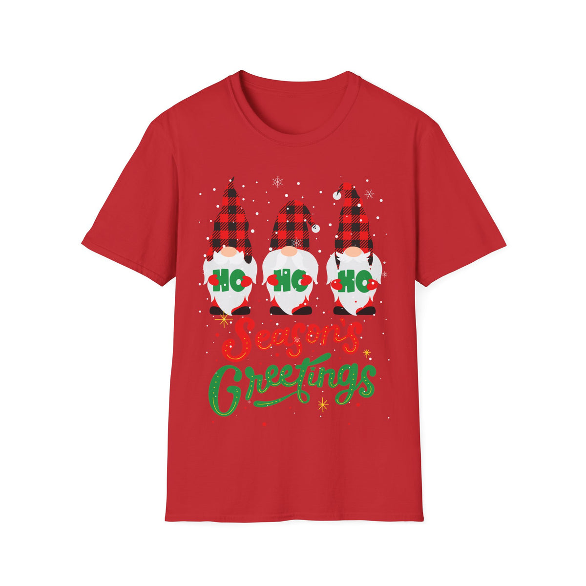 Christmas Gnome T-Shirt — Plaid ‘Ho Ho Ho’ Seasons Greetings Holiday Tee