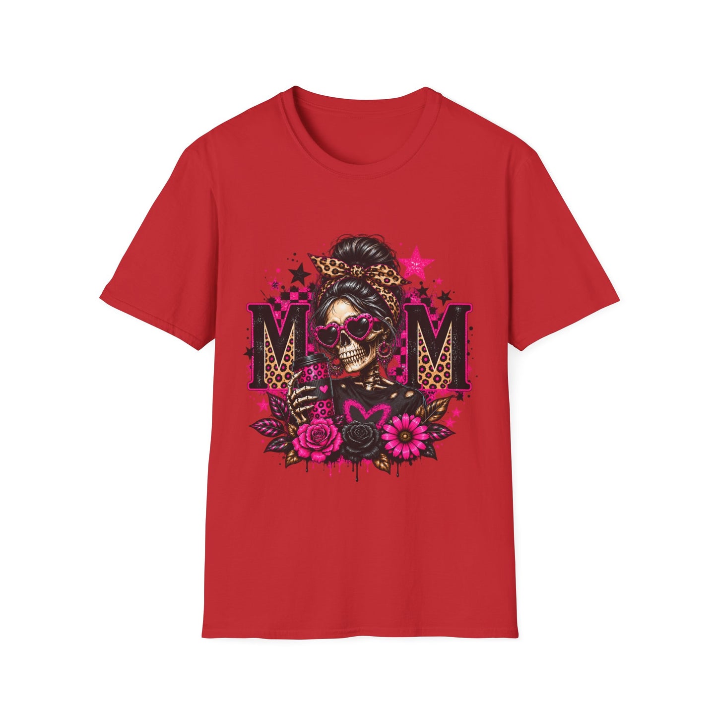 Mom Skull Graphic T-Shirt — Rockabilly Leopard Headband & Pink Floral Design
