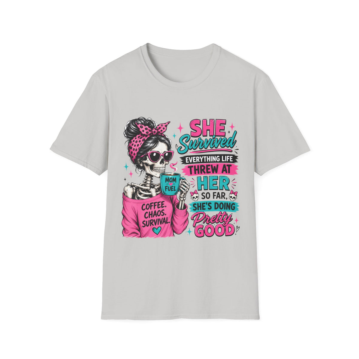 T-Shirt — "She Survived" Skull Graphic Tee — Funny Resilience Shirt for Women, Coffee Chaos Survivor