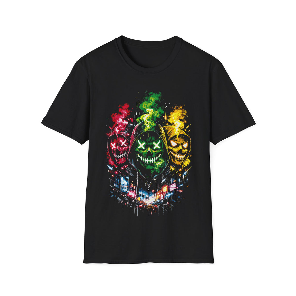 Skull Triptych Graphic T-Shirt — Neon Horror Mask Design