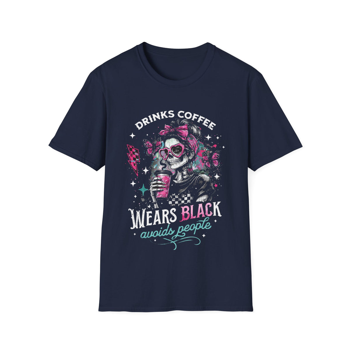 Drinks Coffee, Wears Black Tee — Gothic Skull Coffee Lover T-Shirt