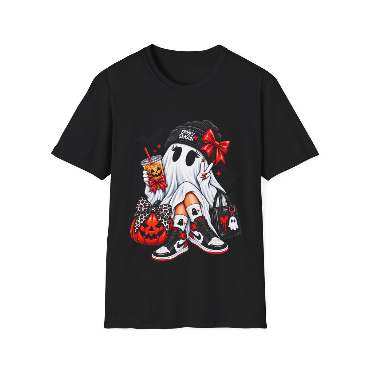 Gothic Ghost Halloween T-Shirt with Bats, Bows and Sneakers