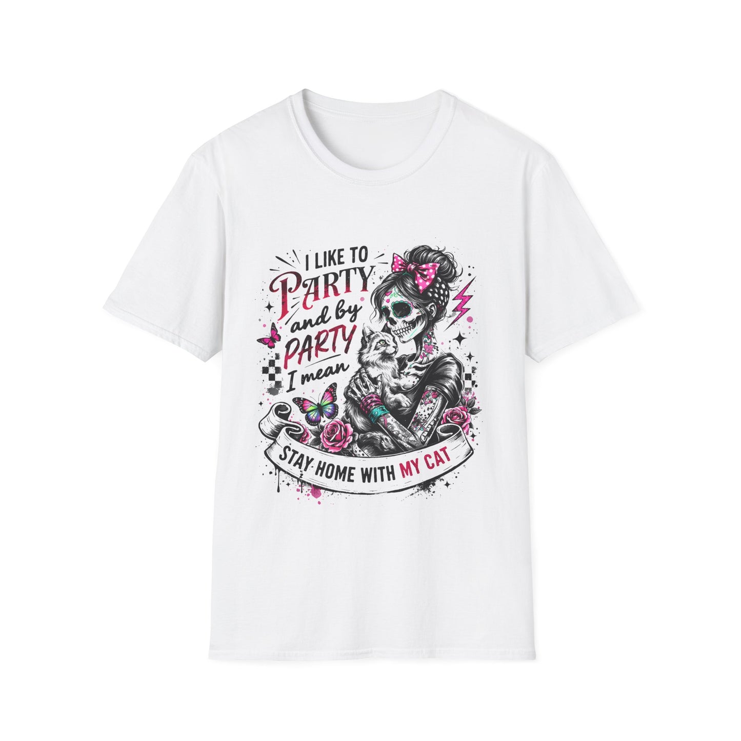 Cat Lover Skull Tee — "I Like to Party and by Party I Mean Stay Home With My Cat"