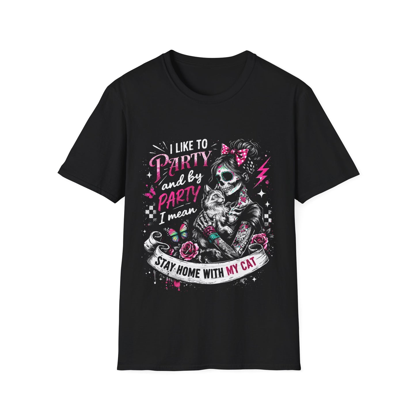 Cat Lover Skull Tee — "I Like to Party and by Party I Mean Stay Home With My Cat"