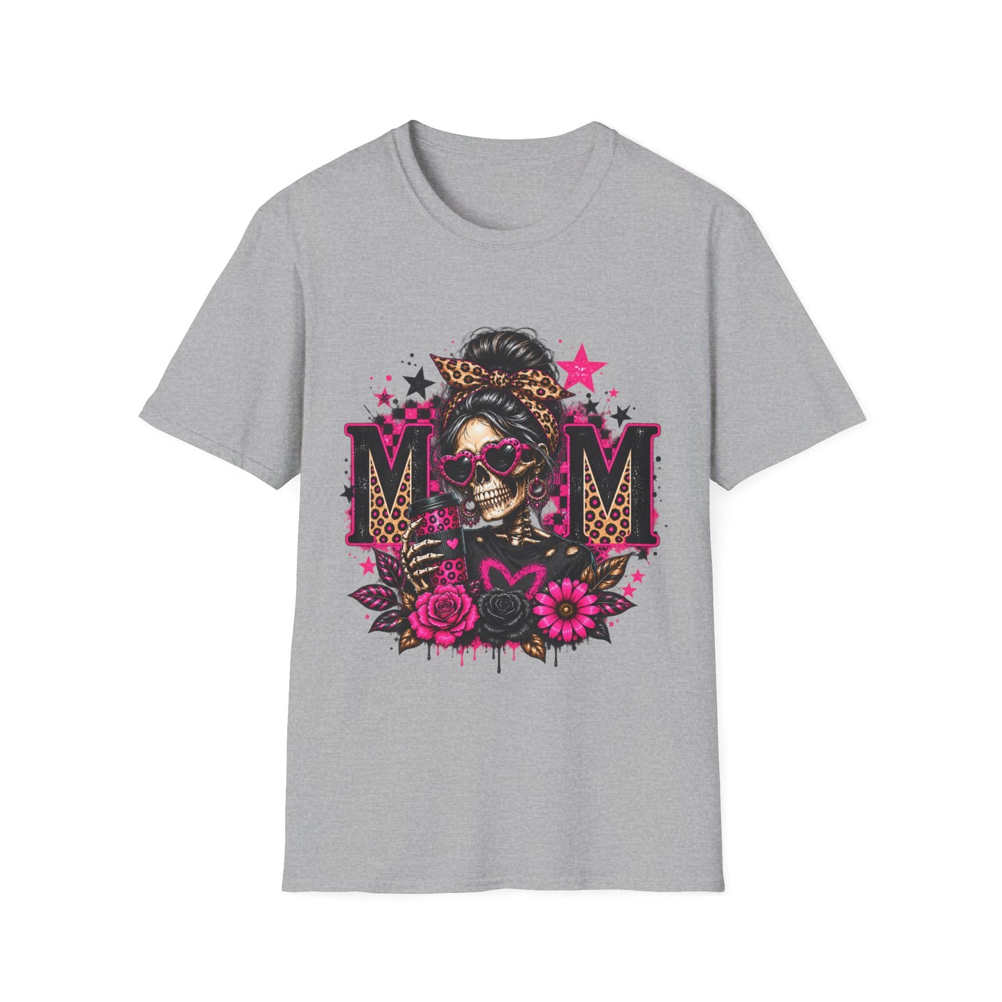 Mom Skull Graphic T-Shirt — Rockabilly Leopard Headband & Pink Floral Design