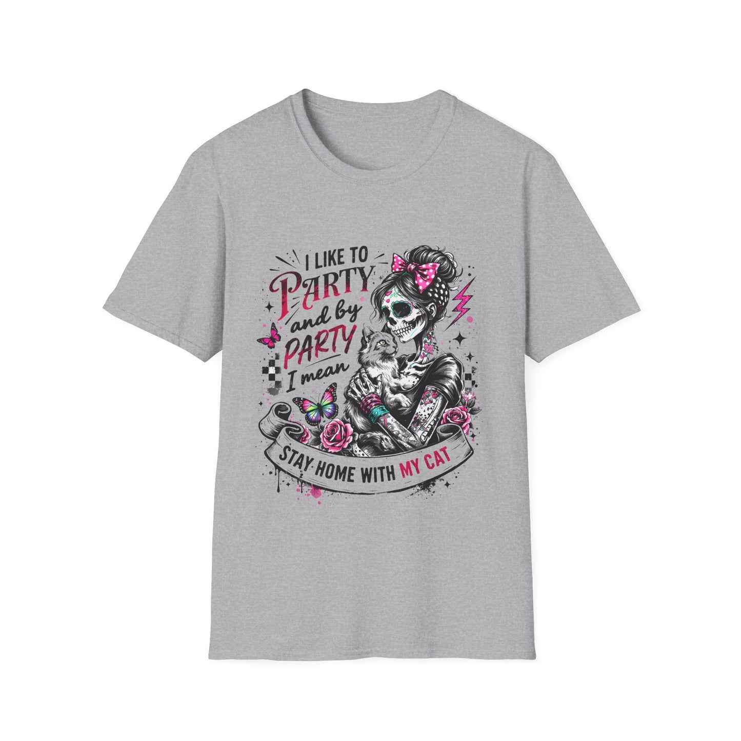 Cat Lover Skull Tee — "I Like to Party and by Party I Mean Stay Home With My Cat"