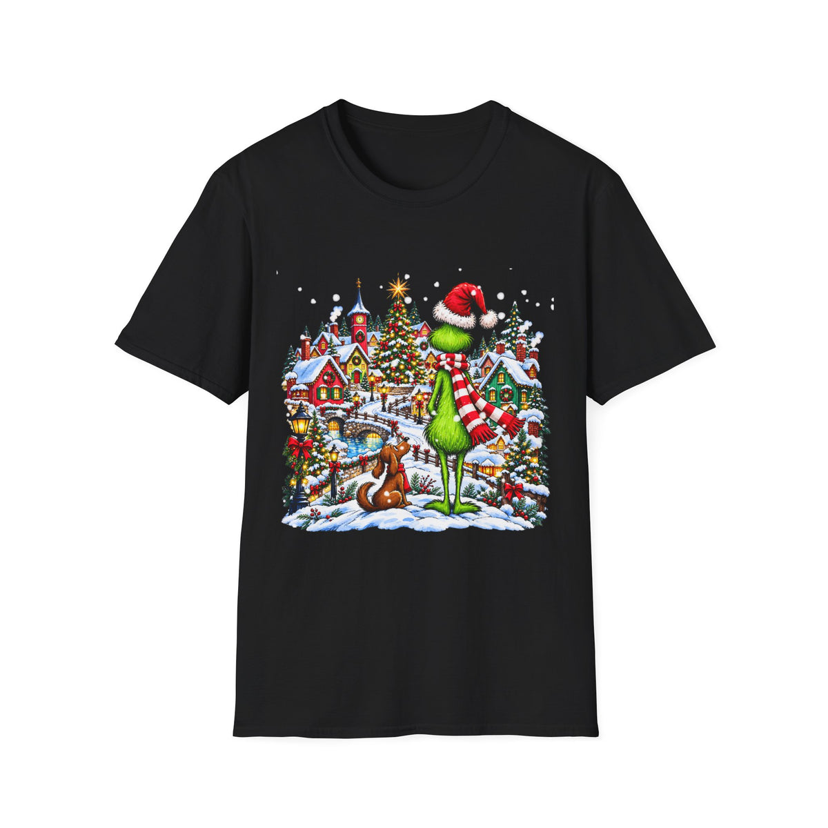 Grinch Christmas Village T‑Shirt – Funny Holiday Holiday Tee with Santa Hat Grinch and Dog