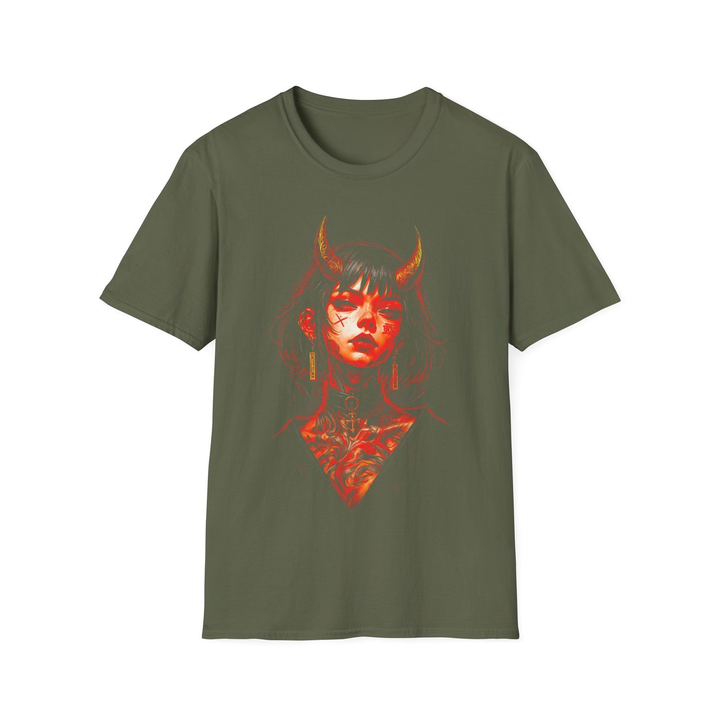 Demonic Girl Portrait T-Shirt — Gothic Horned Woman Art Tee