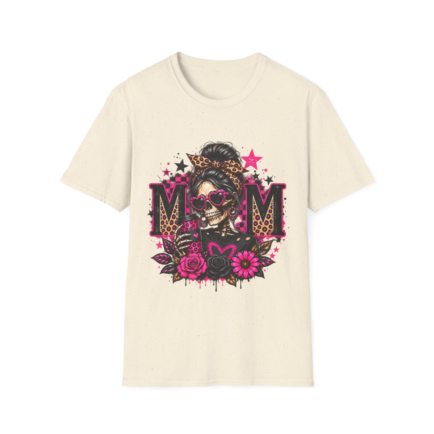 Mom Skull Graphic T-Shirt — Rockabilly Leopard Headband & Pink Floral Design