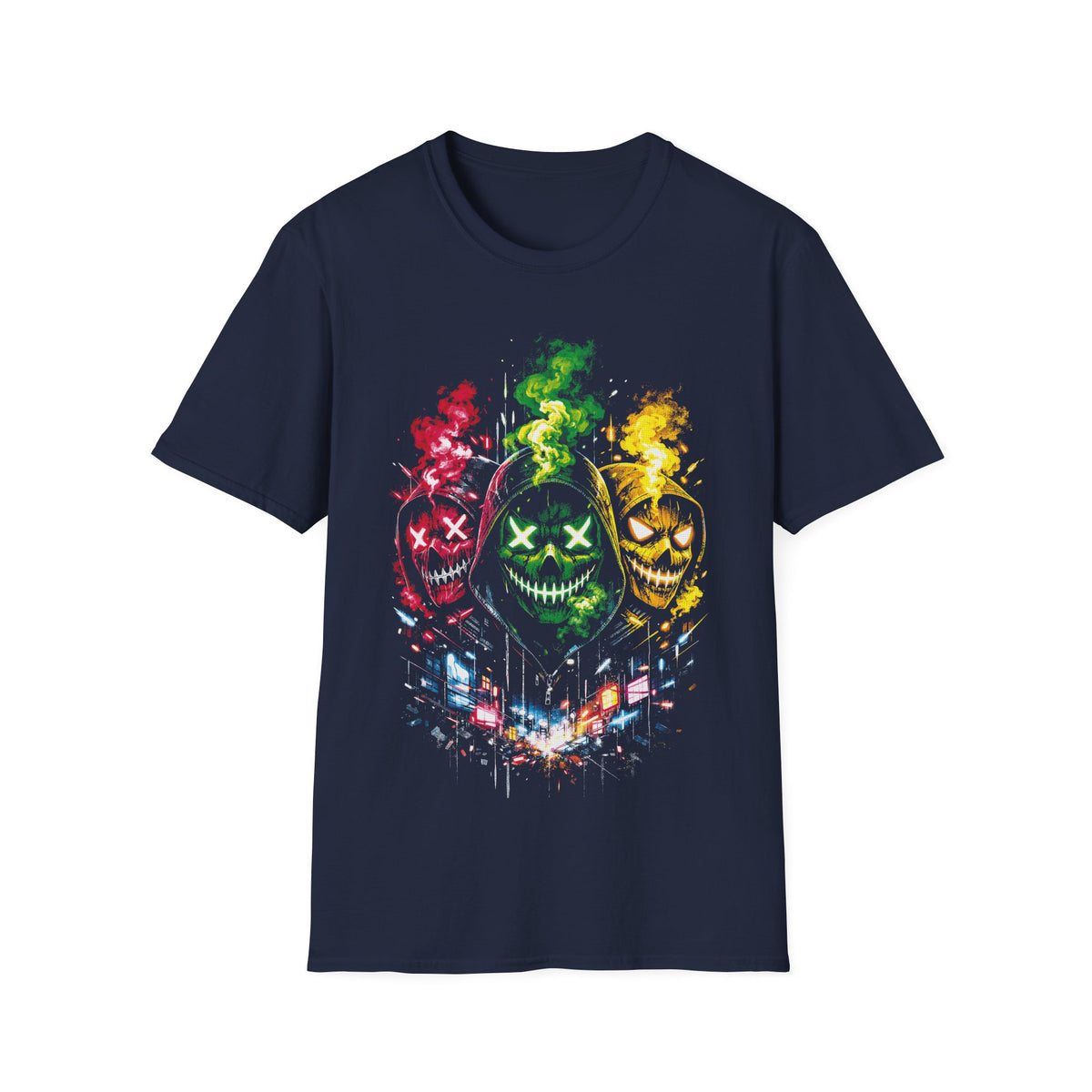 Skull Triptych Graphic T-Shirt — Neon Horror Mask Design