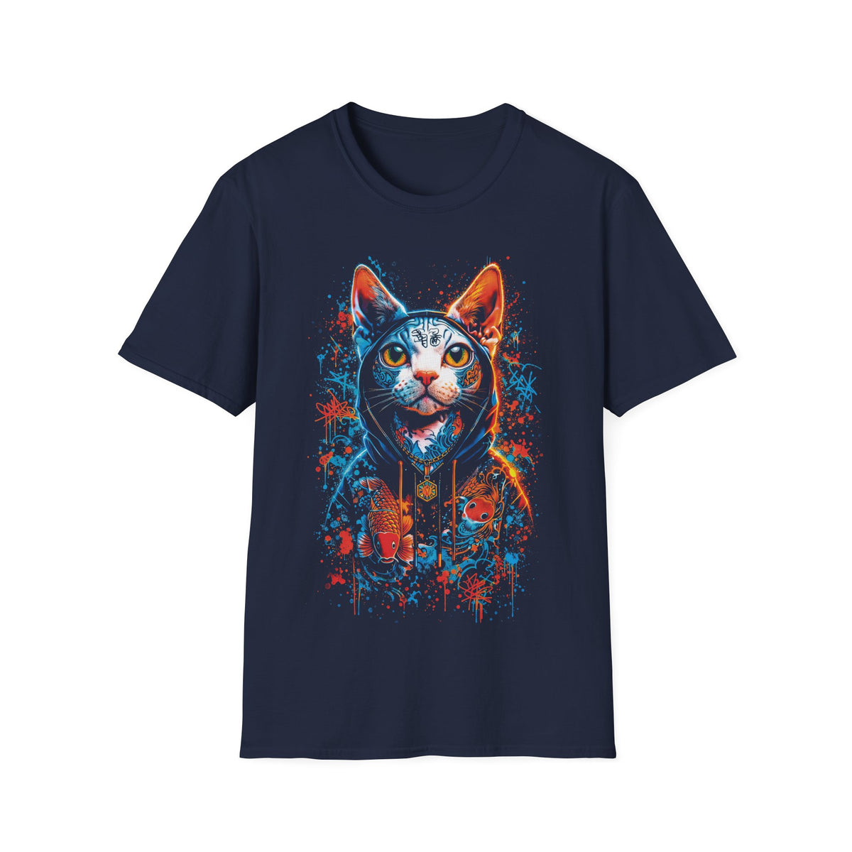 Neon Hoodie Cat T-Shirt – Vibrant Cyberpunk Cat Graphic Tee