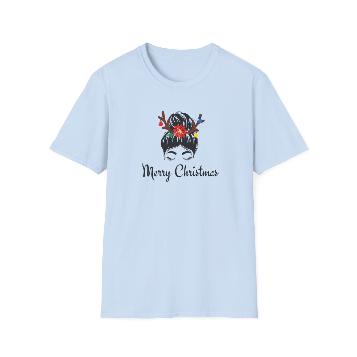 Merry Christmas Messy Bun T-Shirt — Holiday Reindeer Antler Hair Tees