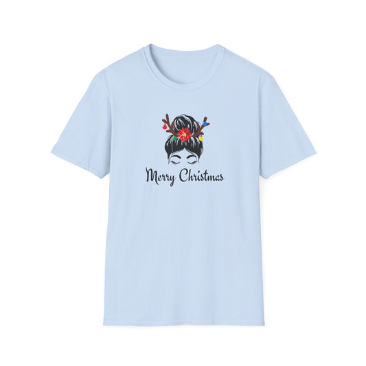 Merry Christmas Messy Bun T-Shirt — Holiday Reindeer Antler Hair Tees