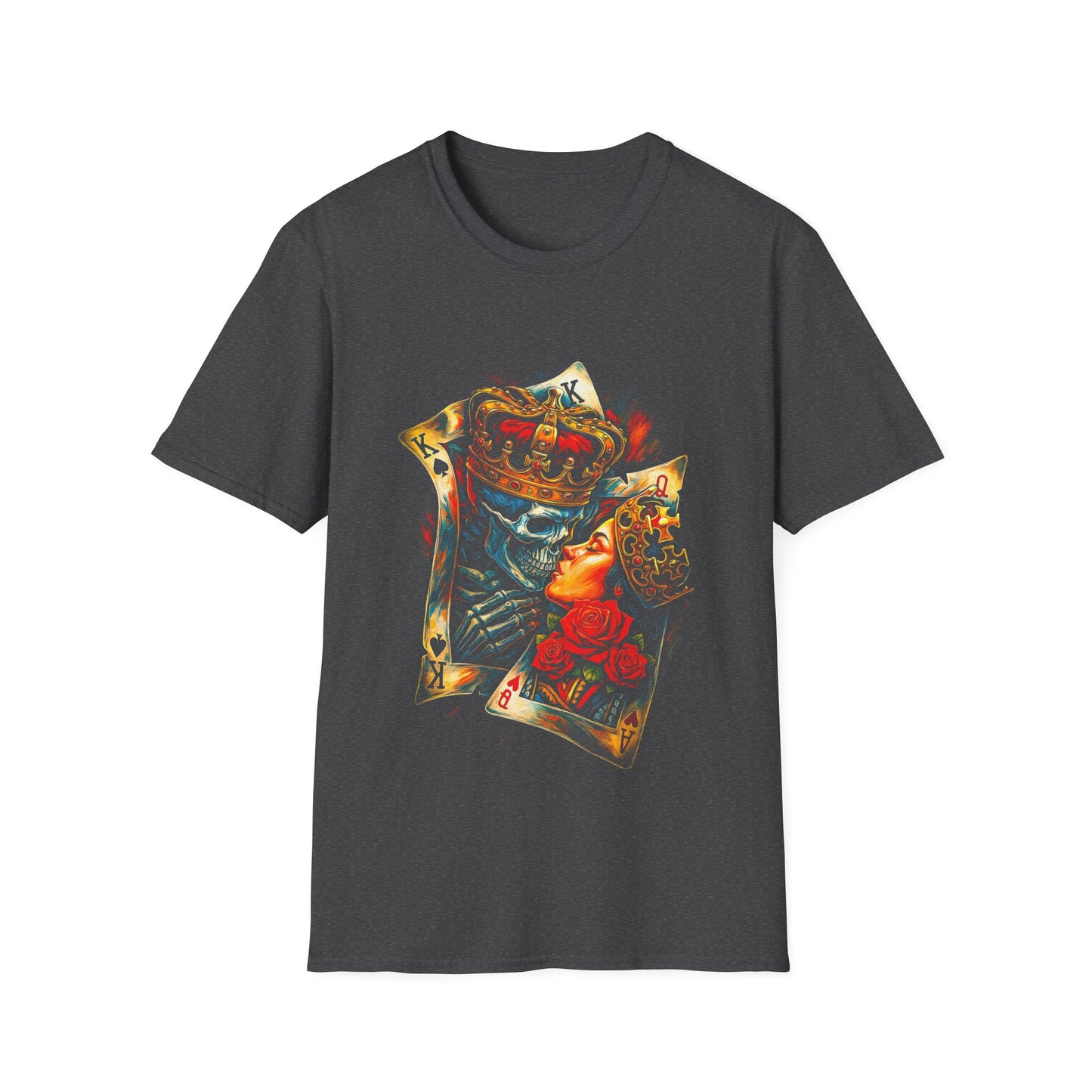 King of Hearts Skull T-Shirt — Gothic Playing Card Design with Crown & Roses