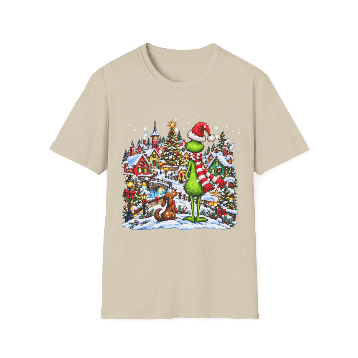 Grinch Christmas Village T‑Shirt – Funny Holiday Holiday Tee with Santa Hat Grinch and Dog