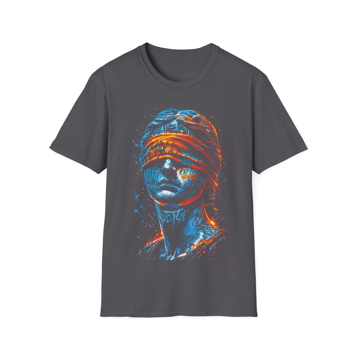 Blind Justice Statue T-Shirt — Neon Graffiti Law Advocate Tee