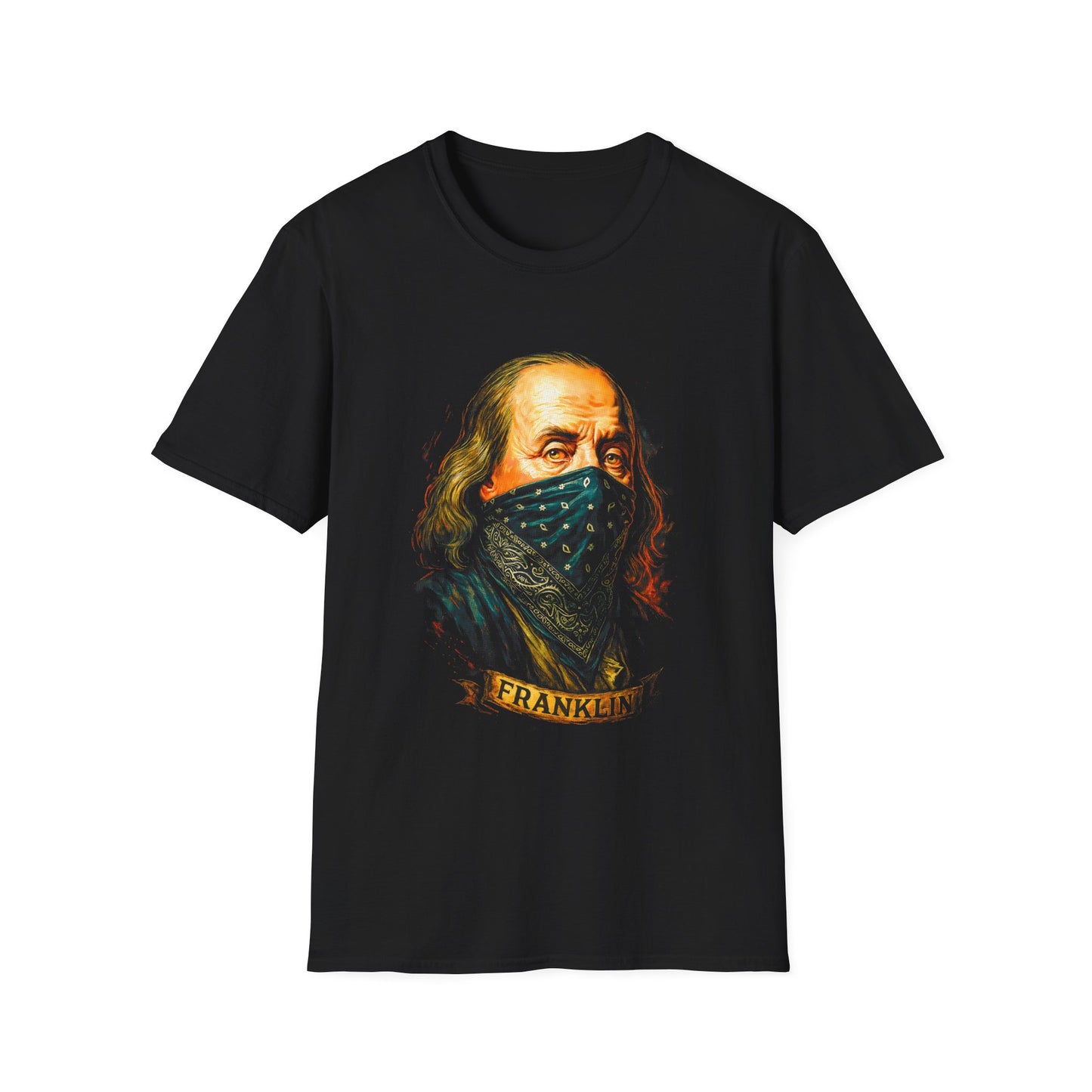 Franklin Bandana Portrait T-Shirt — Vintage Benjamin Franklin Mask Design