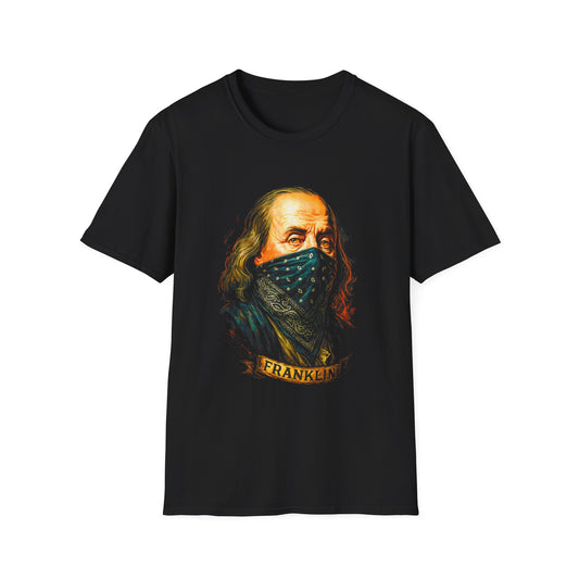Franklin Bandana Portrait T-Shirt — Vintage Benjamin Franklin Mask Design