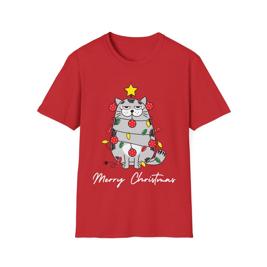 Christmas Cat T-Shirt — "Merry Christmas" Cute Holiday Cat with Lights