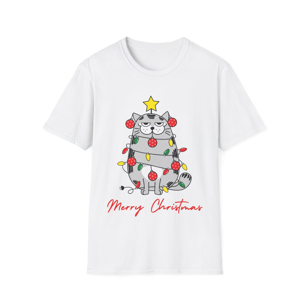 Christmas Cat T-Shirt — "Merry Christmas" Cute Holiday Cat with Lights