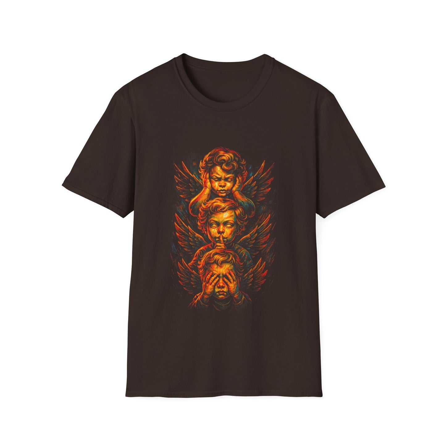 Cherubic Skull Trio T-Shirt — Gothic Angel Wings Vintage-Style Tee