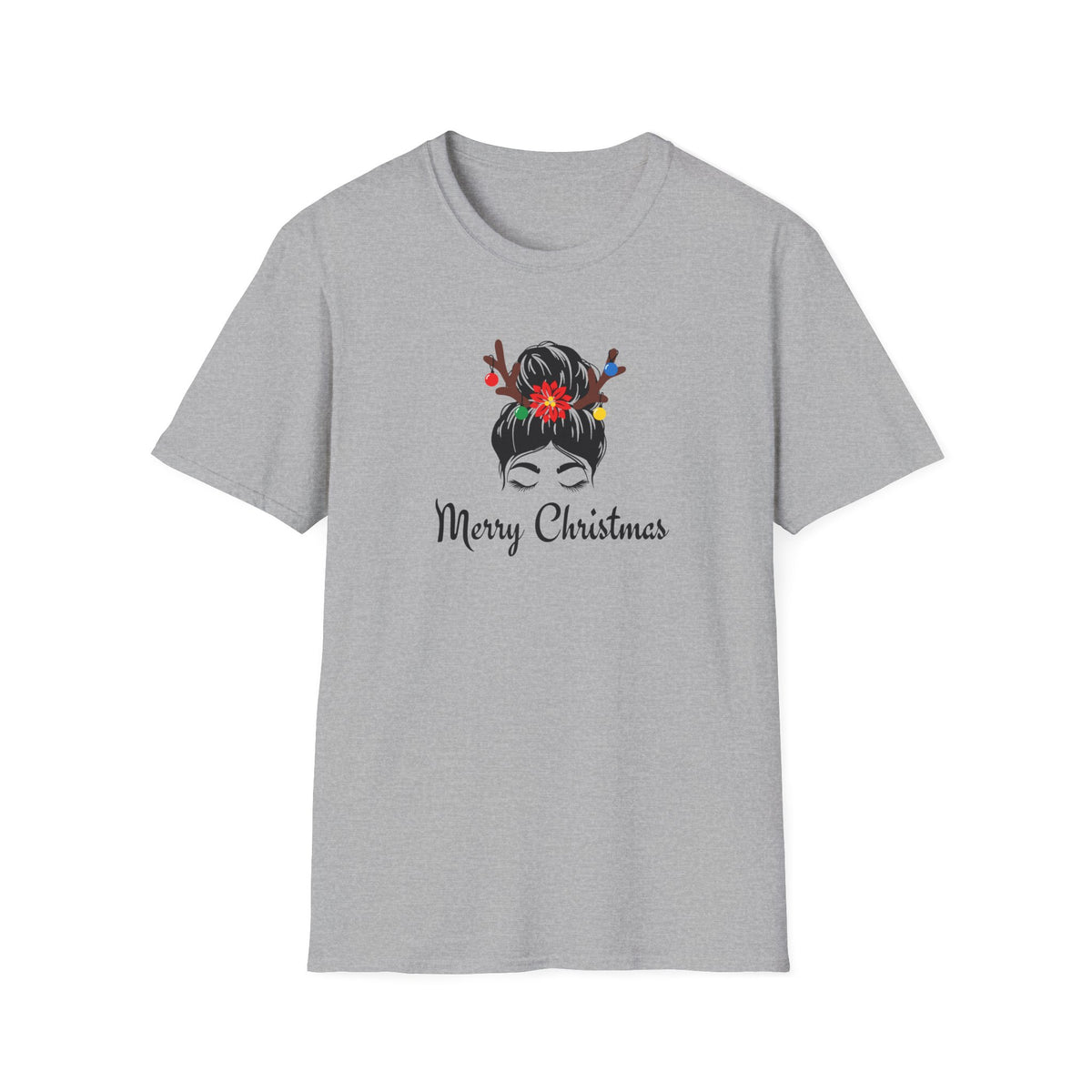 Merry Christmas Messy Bun T-Shirt — Holiday Reindeer Antler Hair Tees