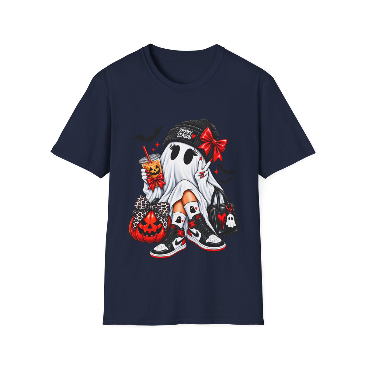 Gothic Ghost Halloween T-Shirt with Bats, Bows and Sneakers