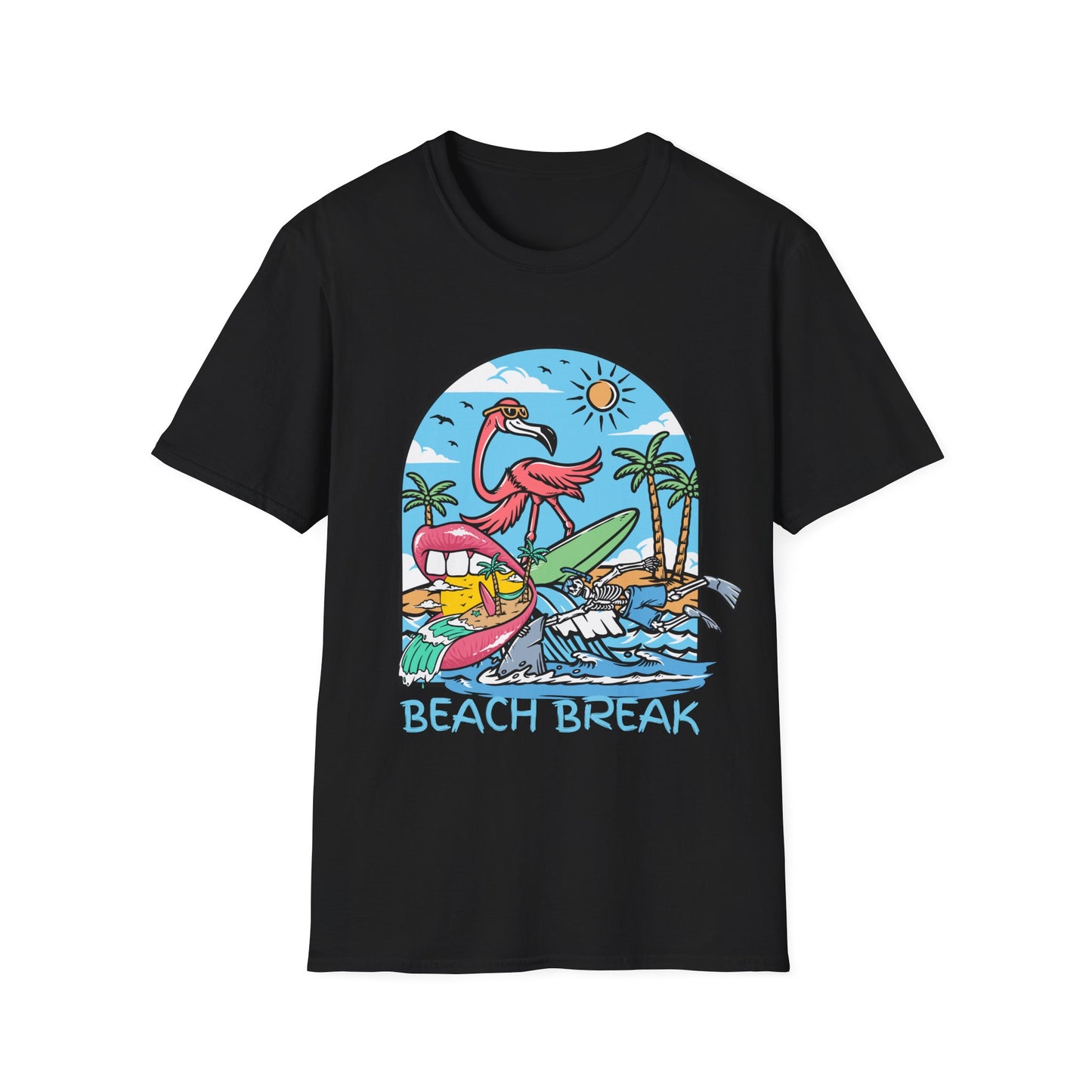 Beach Break T-Shirt — Retro Flamingo Surf Graphic Tee