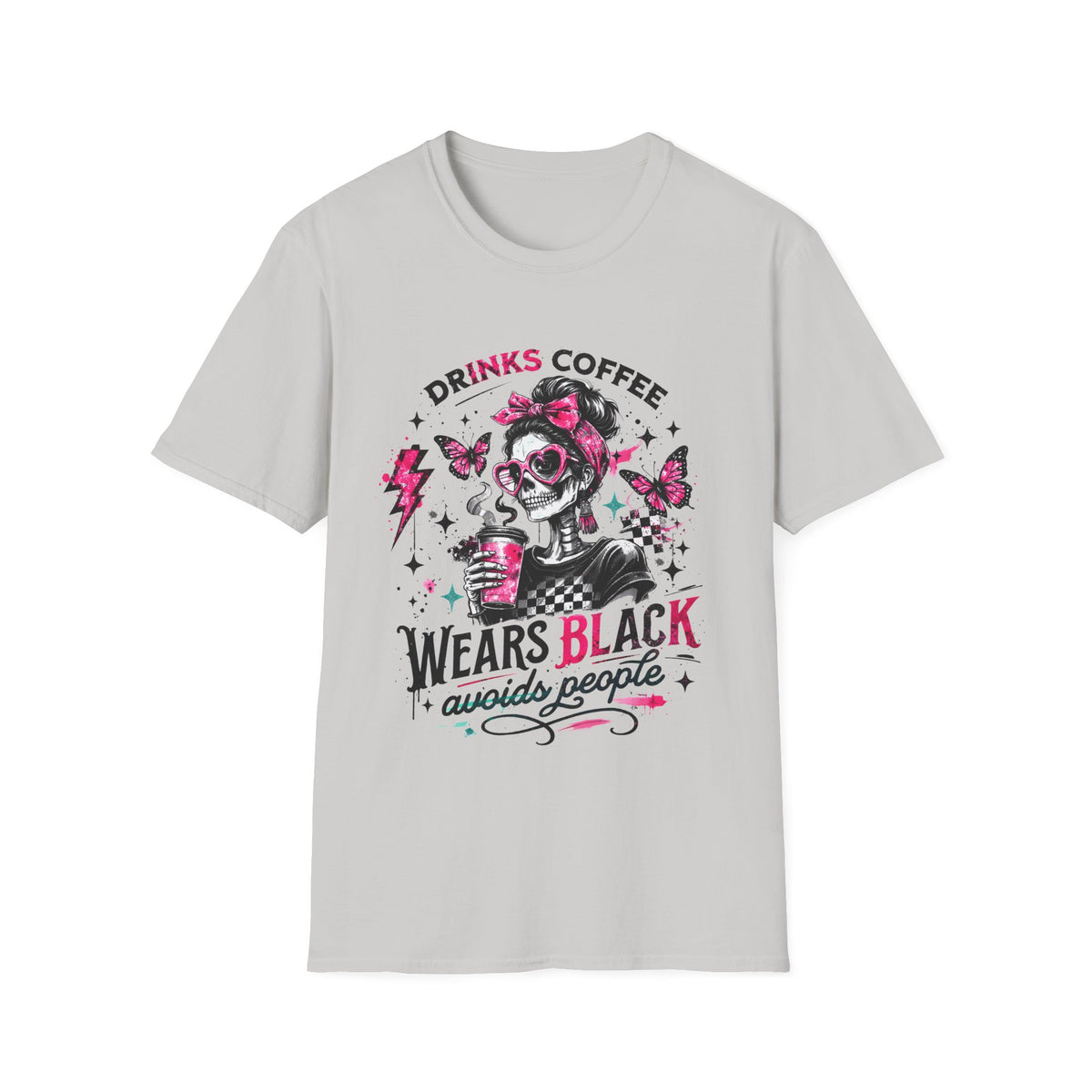 Drinks Coffee, Wears Black Tee — Gothic Skull Coffee Lover T-Shirt
