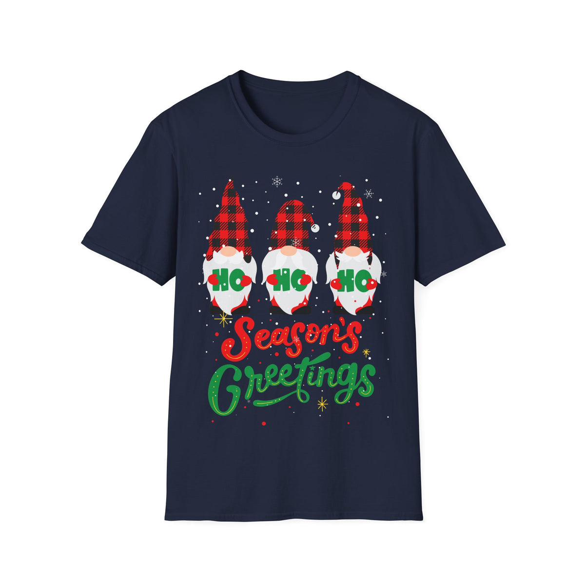 Christmas Gnome T-Shirt — Plaid ‘Ho Ho Ho’ Seasons Greetings Holiday Tee
