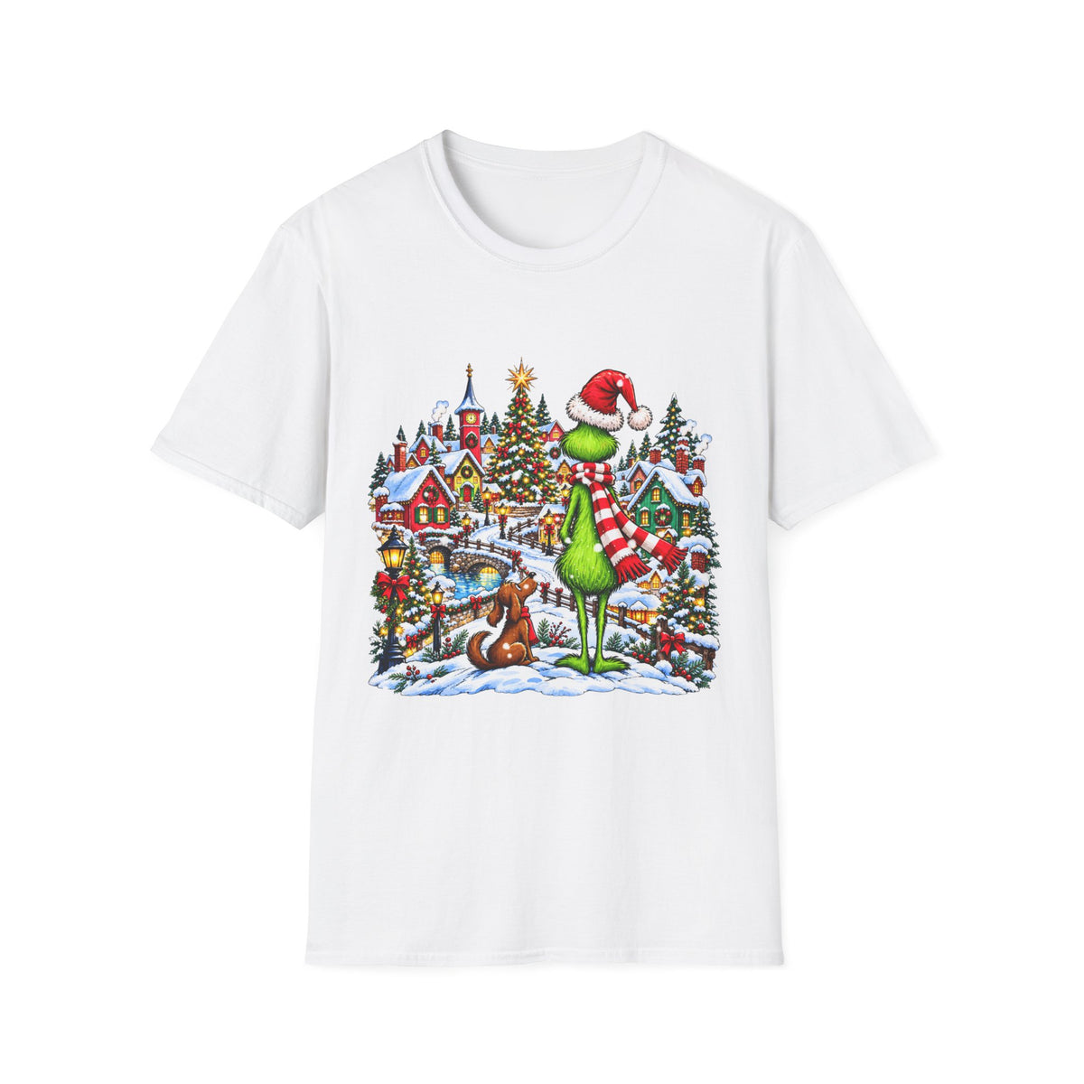 Grinch Christmas Village T‑Shirt – Funny Holiday Holiday Tee with Santa Hat Grinch and Dog