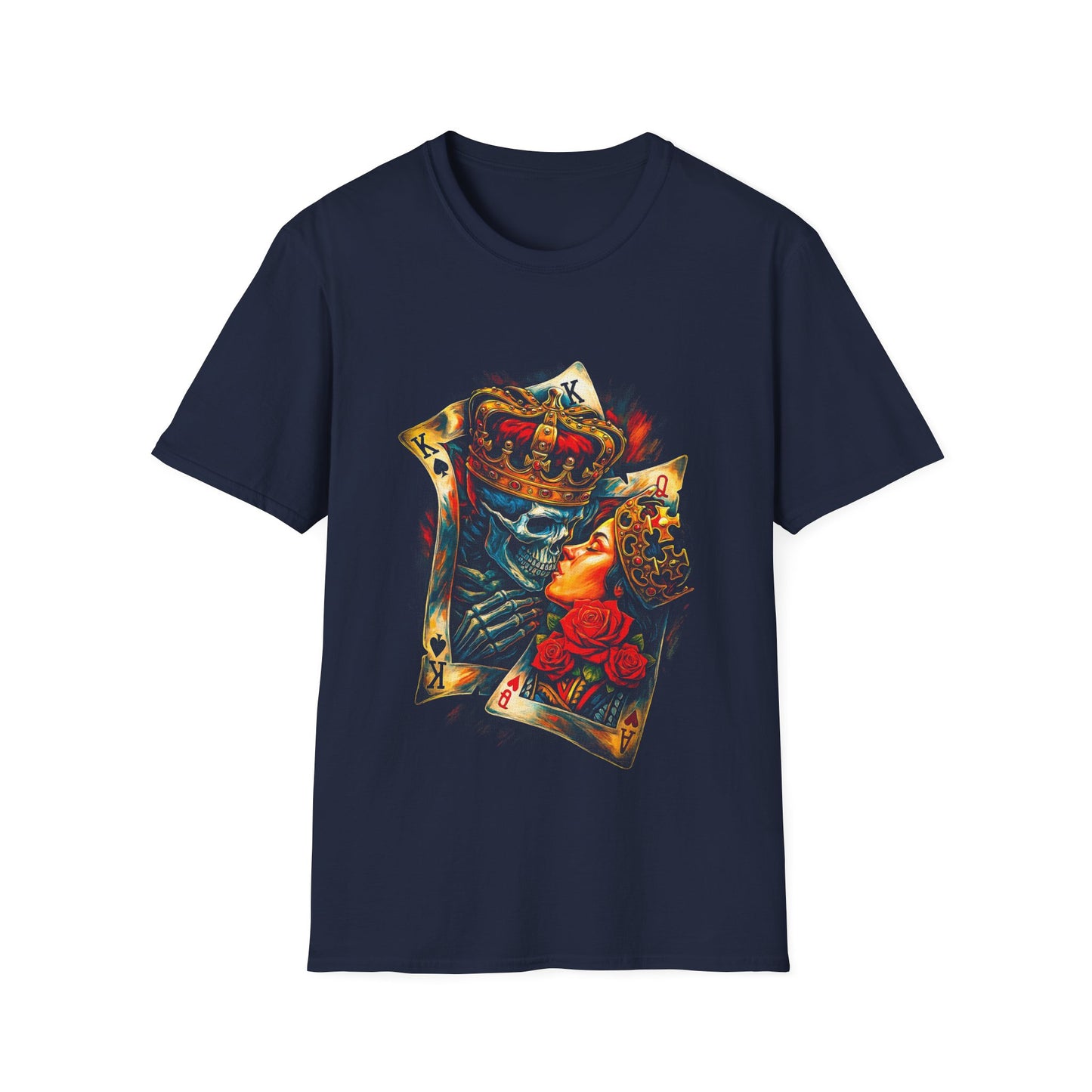 King of Hearts Skull T-Shirt — Gothic Playing Card Design with Crown & Roses