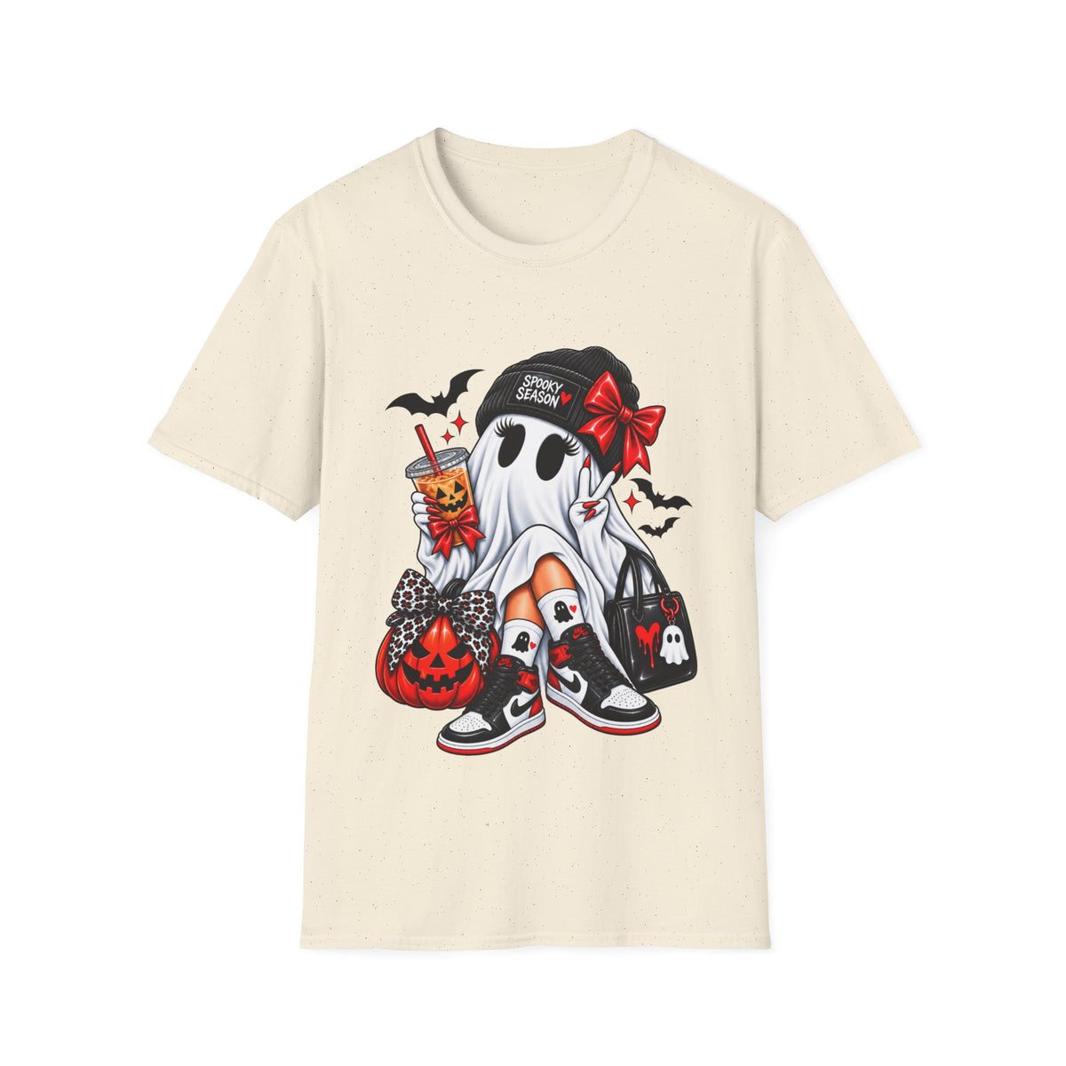 Gothic Ghost Halloween T-Shirt with Bats, Bows and Sneakers