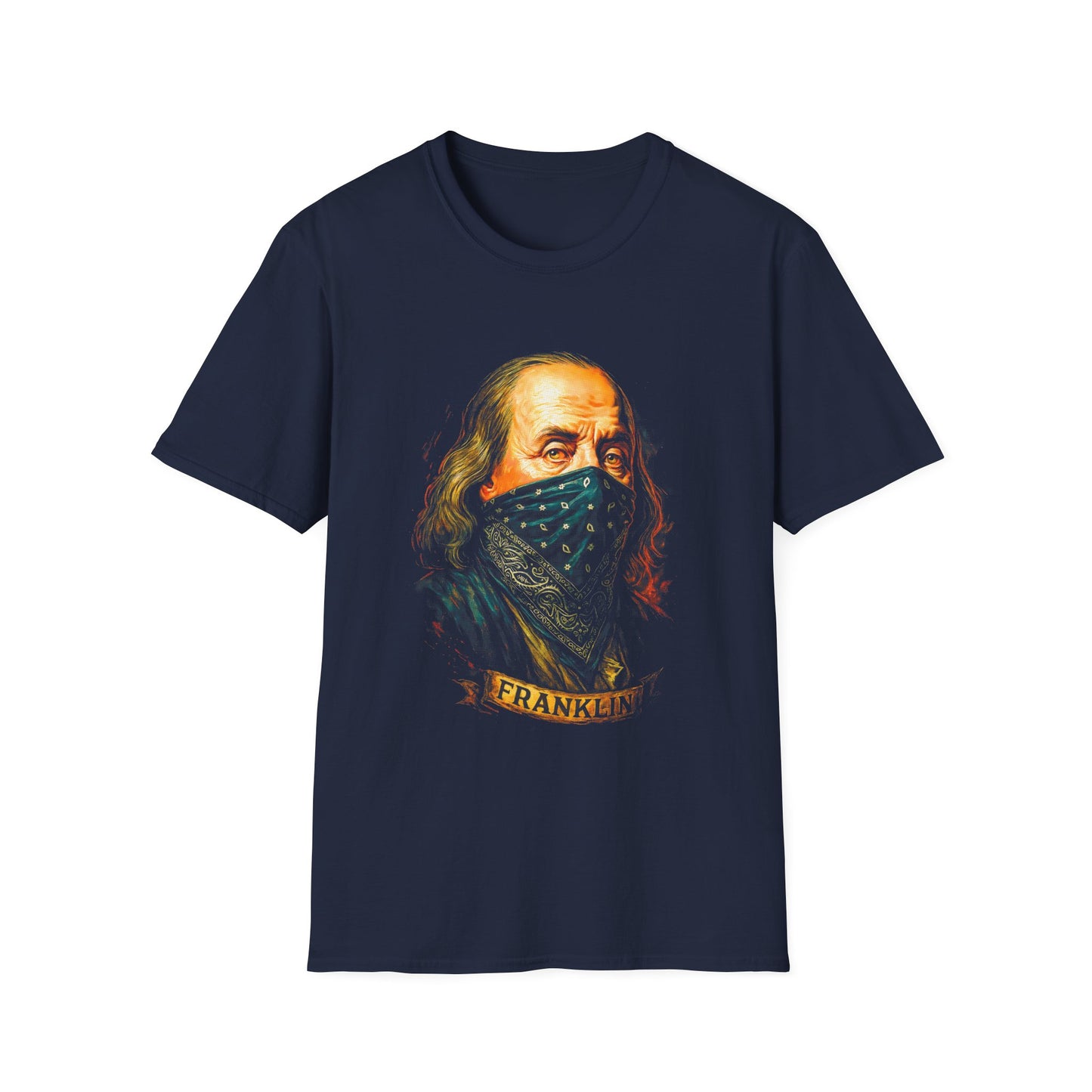 Franklin Bandana Portrait T-Shirt — Vintage Benjamin Franklin Mask Design