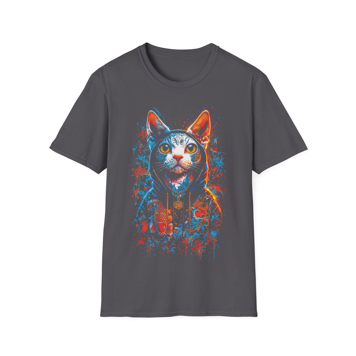 Neon Hoodie Cat T-Shirt – Vibrant Cyberpunk Cat Graphic Tee