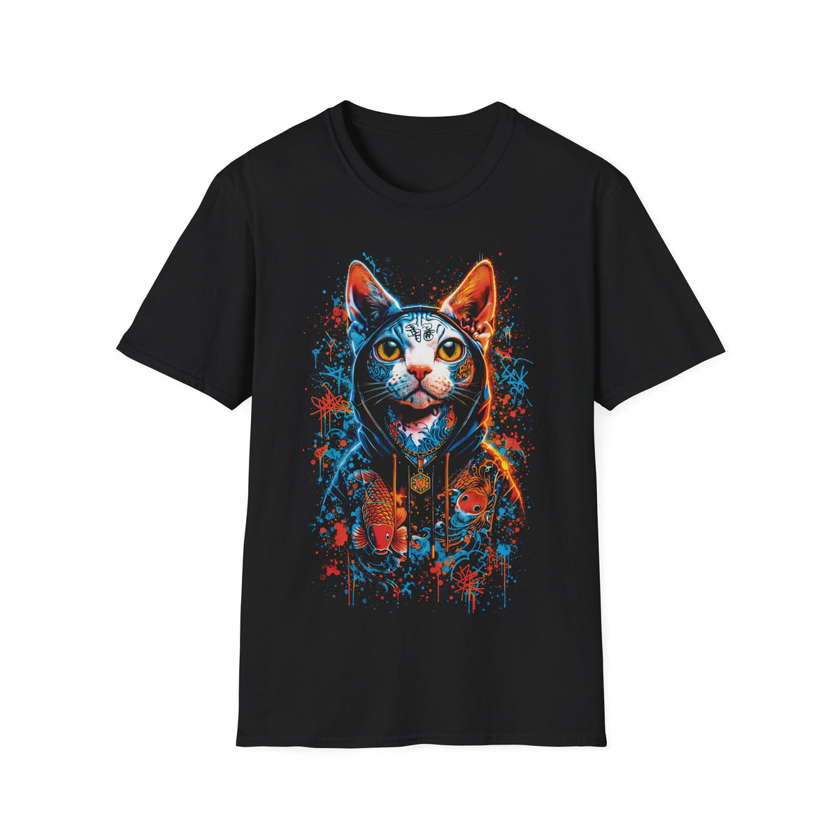 Neon Hoodie Cat T-Shirt – Vibrant Cyberpunk Cat Graphic Tee